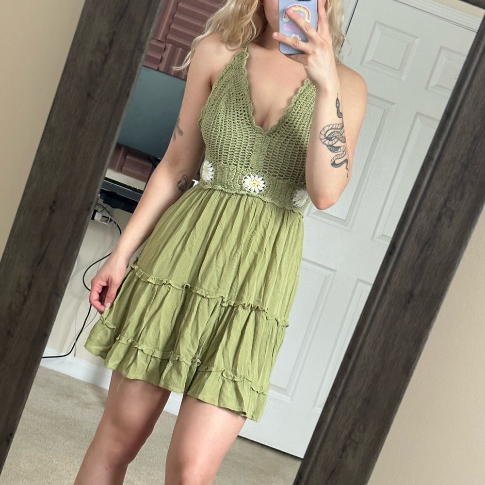 Green crochet hippy style strappy mini knit daisy dress by Indulge